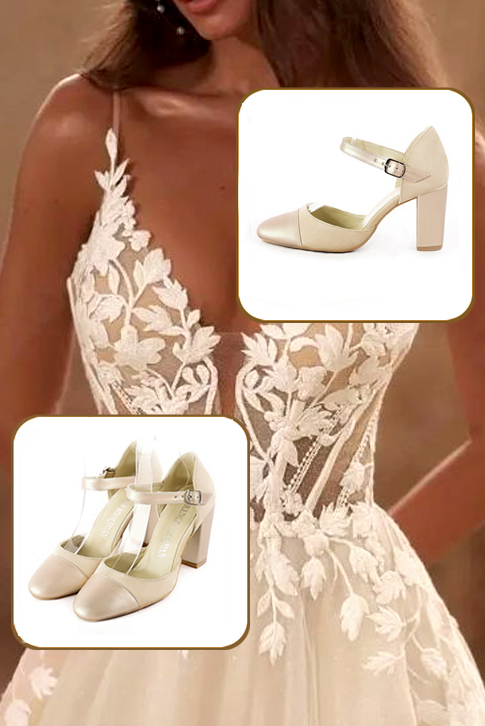 Women's gold and champagne white elegant closed-back heels, with an instep strap. Round toe. High block heels - Worn view
